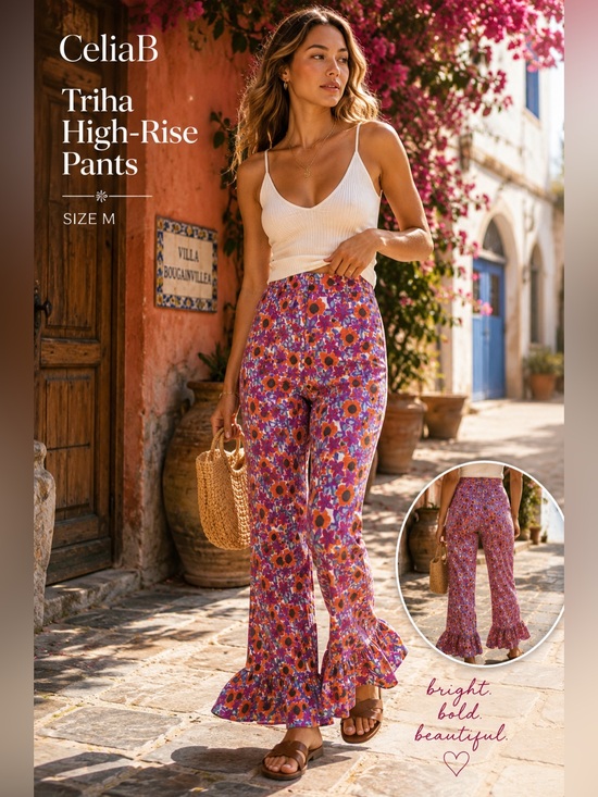 CeliaB Pants - CeliaB Triha Floral High Rise Bell Crop Pants Ruffle Hem Size Medium